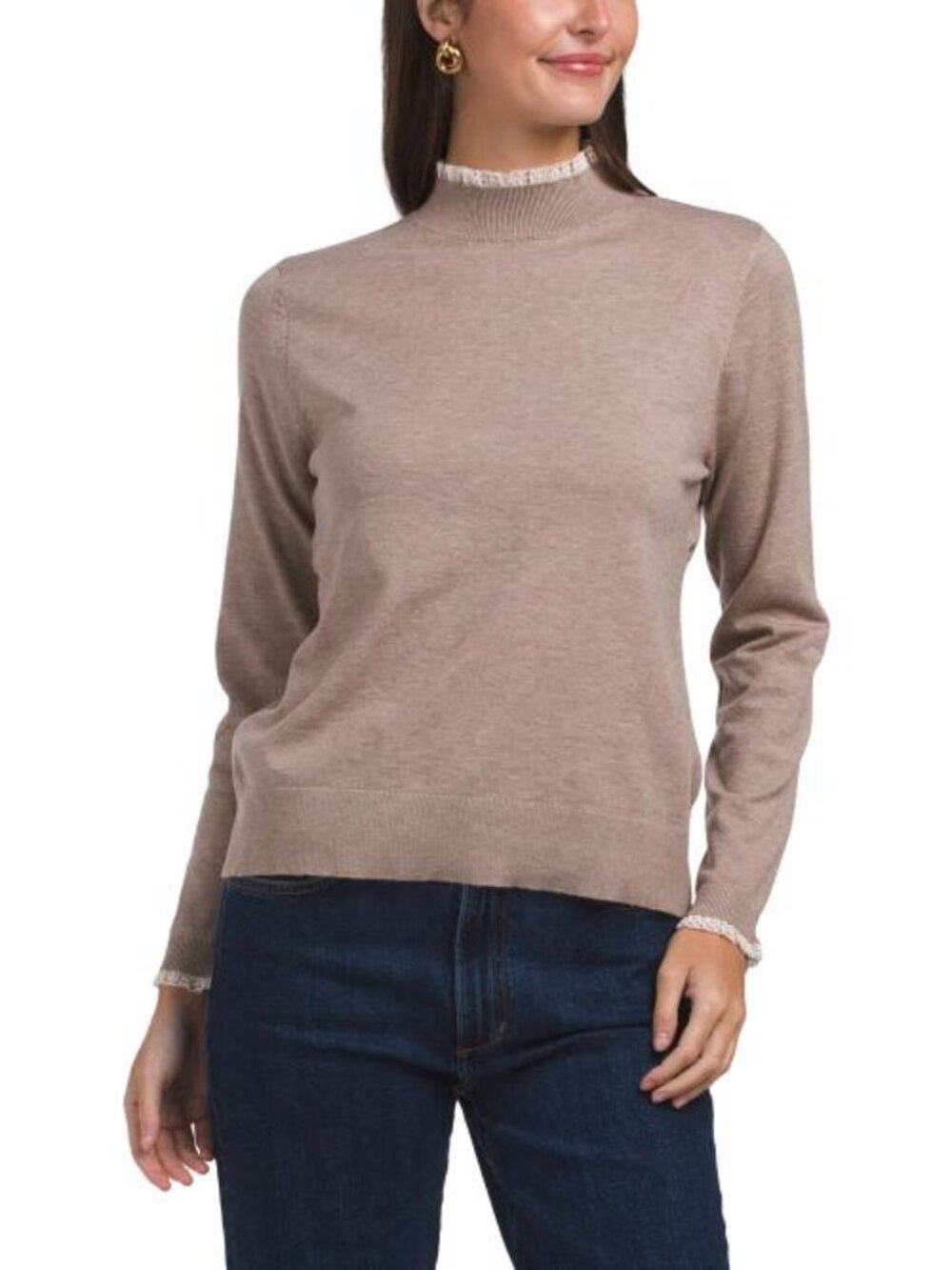 LA VILA MILANO Mock Neck Pull Over Sweater With Micro Lace Collar And Cuffs